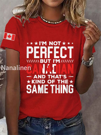 Women’s I’m Not Perfect But I’m Canadian And That’s Kind Of The Same Thing Canadian Flag Print Casual Tee Red / S