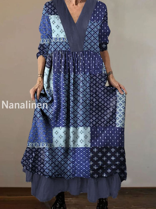 Women`s Japanese Style Boho Print Cotton and Linen V-neck Midi Dress Colorful / S