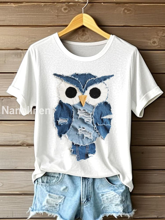 Women’s Owl Pattern Patchwork Art Short Sleeve T-Shirt White / S