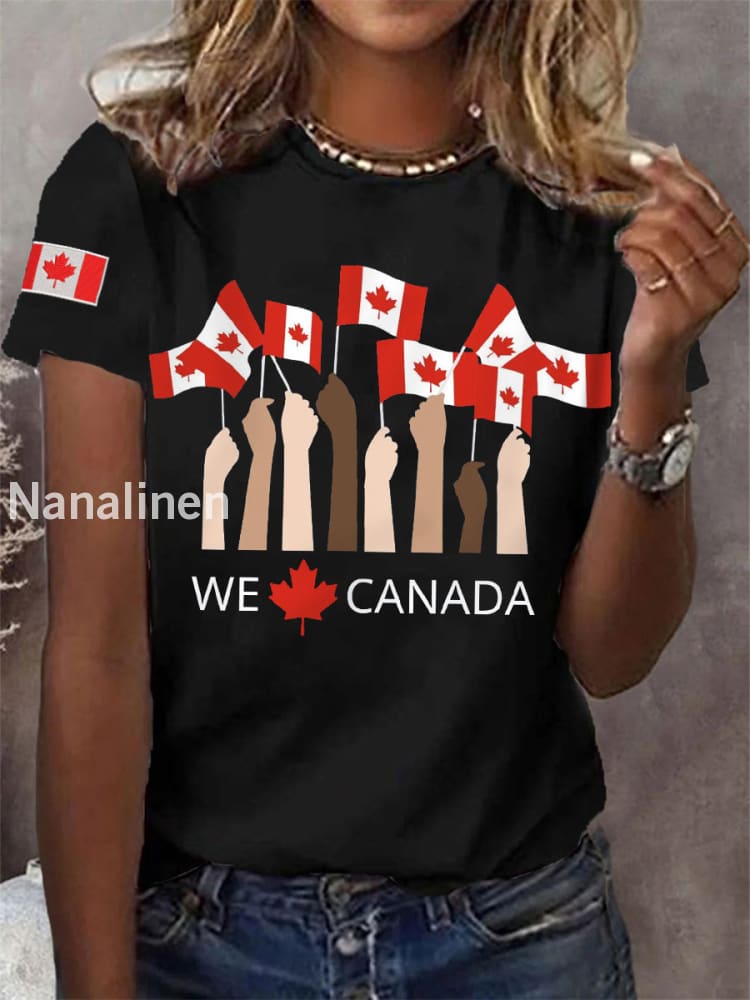 Women’s Proud To Be Canadian,Canadian Flag Print Casual Tee Black / S