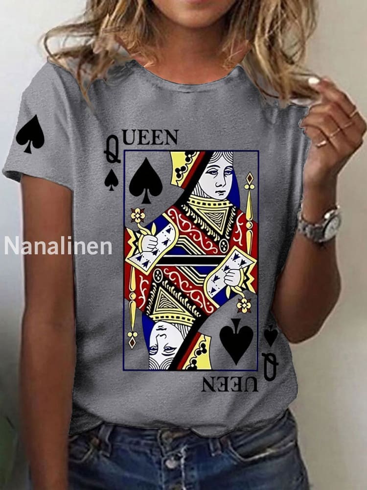 Women’s Queen Poker Printed Casual T-Shirt Light Gray / S