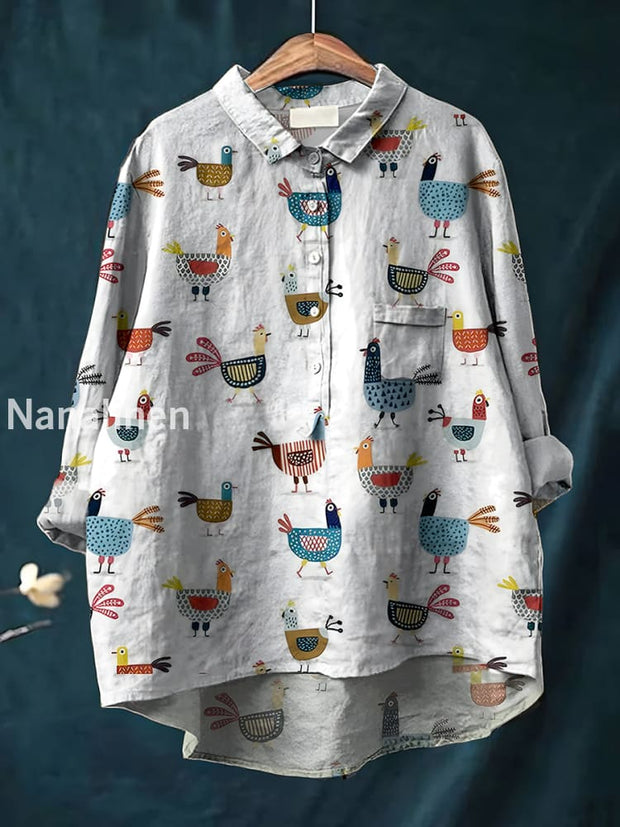 Women’s Retro Animal Art Print Casual Cotton Linen Round Neck Button Pocket Mid-Length Sleeve