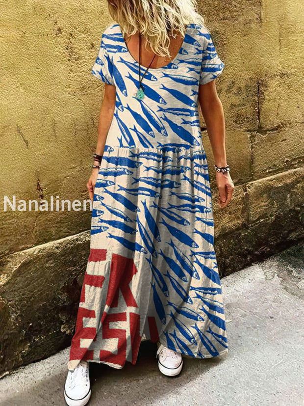 Women’s Retro Bohemian Fishs Print Art Short Sleeve Casual Dress Colorful / S