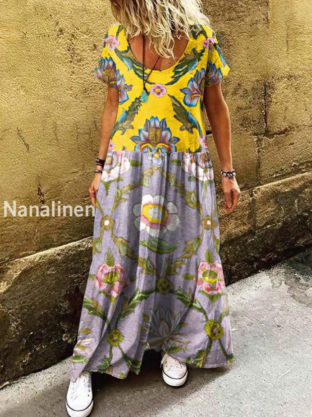 Women’s Retro Bohemian Floral Print Art Short Sleeve Casual Dress Colorful / S