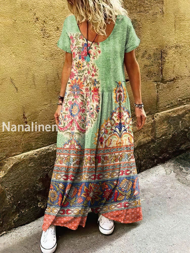 Women’s Retro Bohemian Floral Print Art Short Sleeve Casual Dress Colorful / S