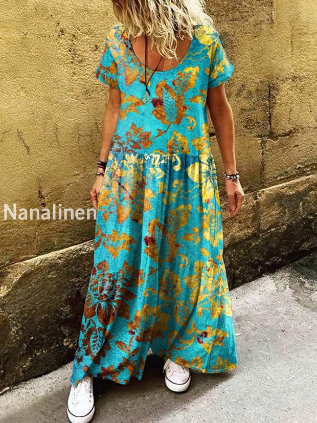 Women’s Retro Bohemian Floral Print Art Short Sleeve Casual Dress Colorful / S