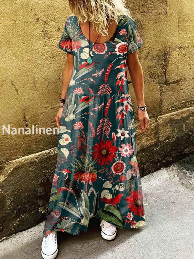 Women’s Retro Bohemian Floral Print Art Short Sleeve Casual Dress Colorful / S