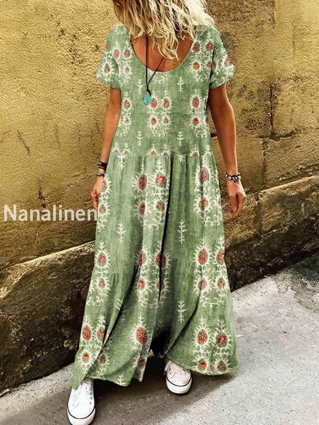 Women’s Retro Bohemian Floral Print Art Short Sleeve Casual Dress Green / S