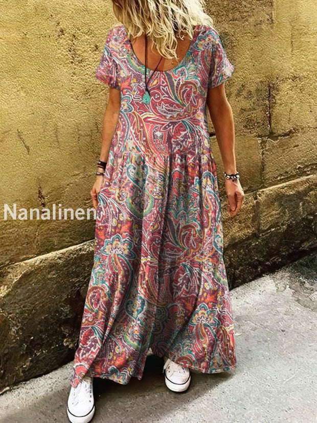 Women’s Retro Bohemian Flowers Print Art Short Sleeve Casual Dress Colorful / S