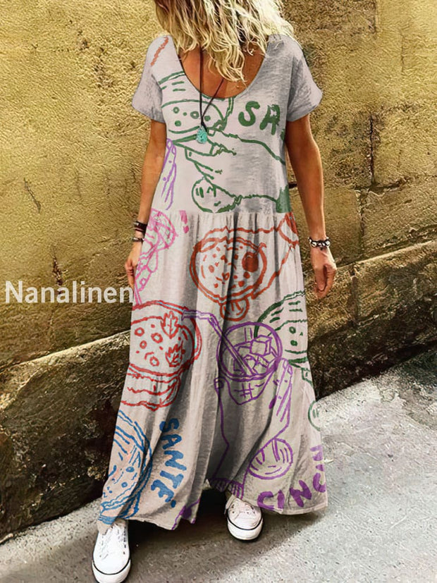 Women’s Retro Bohemian Funny Print Art Short Sleeve Casual Dress Colorful / S