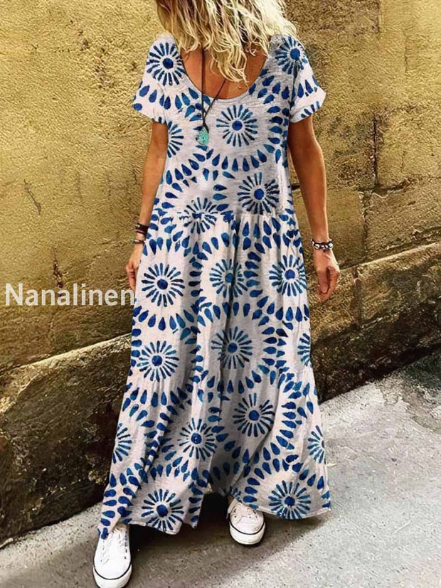 Women’s Retro Bohemian Pattern Print Art Short Sleeve Casual Dress Colorful / S