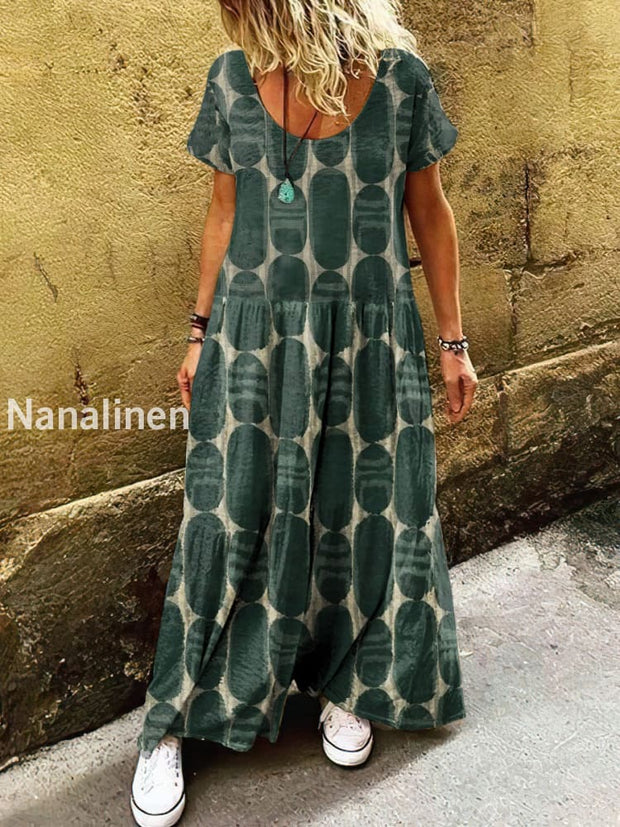 Women’s Retro Bohemian Polka Dots Print Art Short Sleeve Casual Dress Green / S