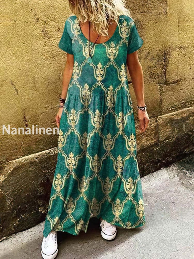 Women’s Retro Bohemian Print Art Short Sleeve Casual Dress Colorful / S