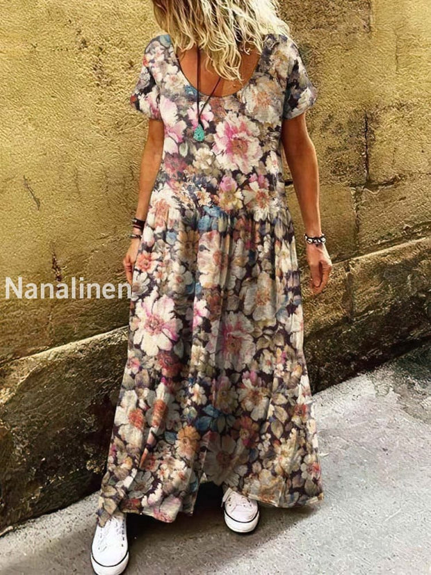 Women’s Retro Bohemian Print Art Short Sleeve Casual Dress Colorful / S