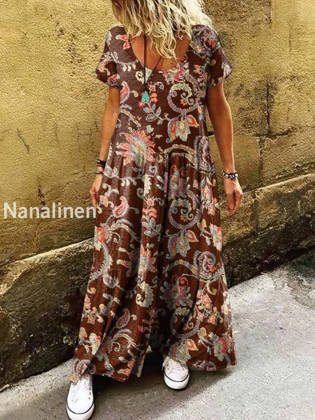 Women’s Retro Bohemian Print Art Short Sleeve Casual Dress Colorful / S