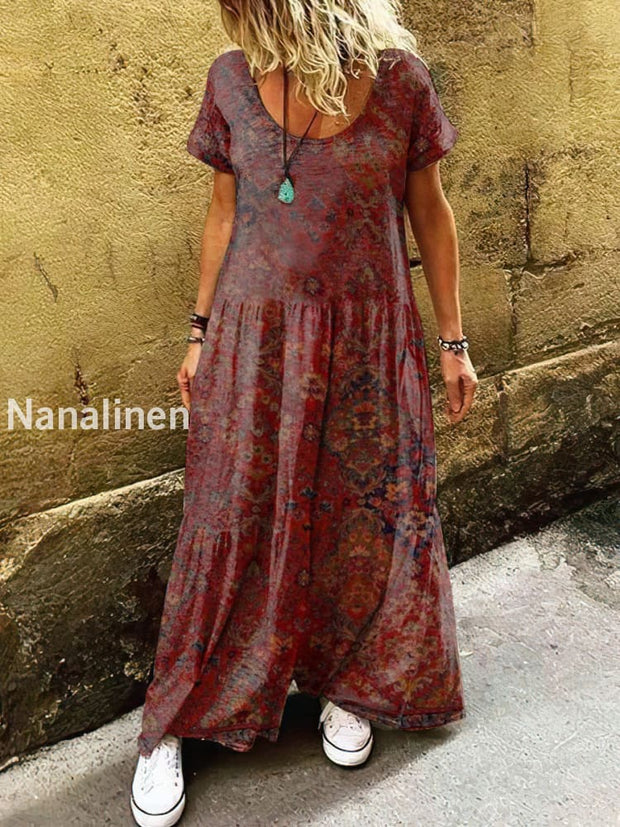 Women’s Retro Bohemian Print Art Short Sleeve Casual Dress Red / S