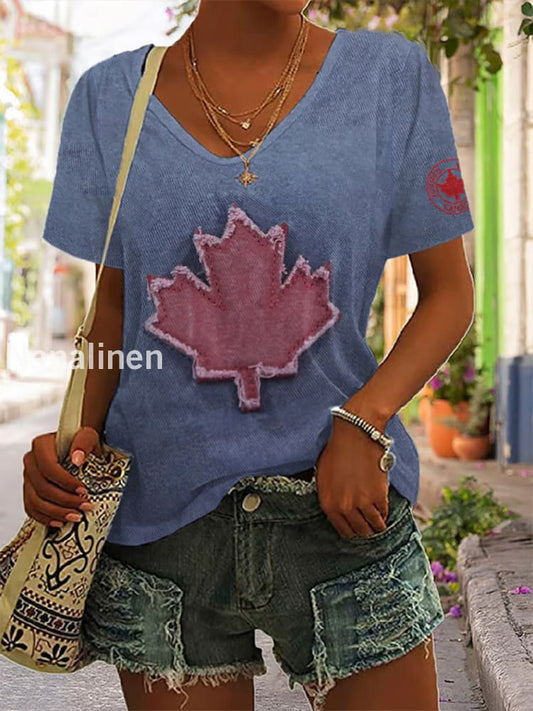 Women’s Retro Canada Day Print Short Sleeve T-Shirt Picture 1 / S
