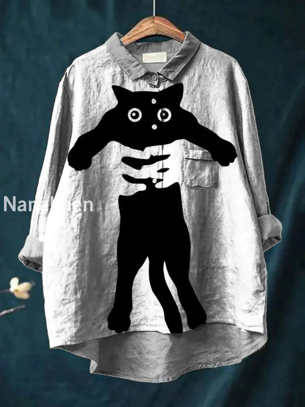 Women’s Retro Cat Art Print Casual Cotton Linen Round Neck Button Pocket Midi Long Sleeve Shirt