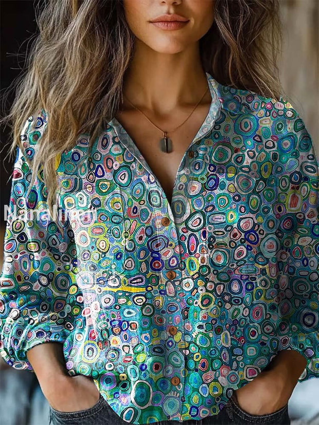 Women’s Retro Colorful Psychedelic Pattern Printed Casual Long Sleeve Shirt Blue-Green / S