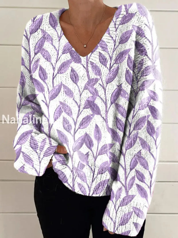 Women’s Retro Elegant Art Floral Print Chic V-Neck Long Sleeve Sweater A / S