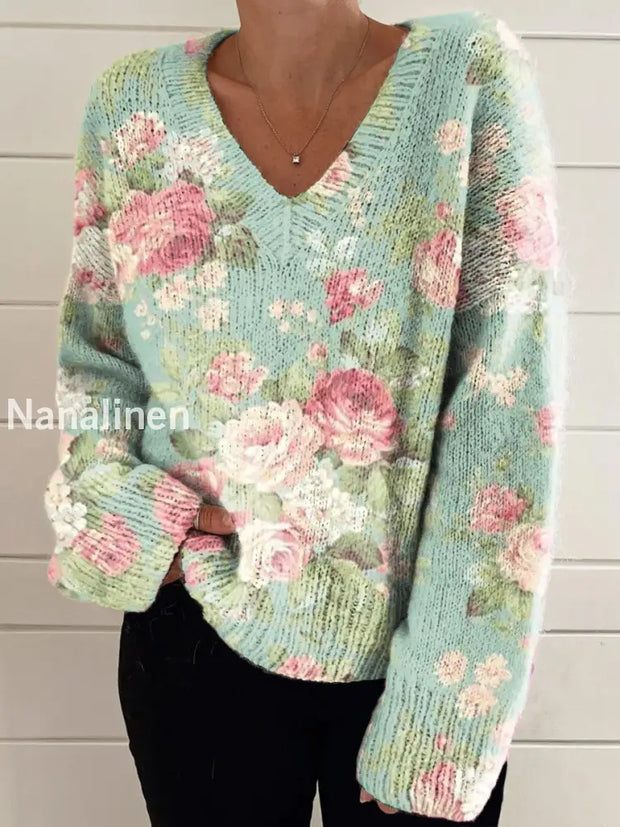 Women’s Retro Elegant Art Floral Print Chic V-Neck Long Sleeve Sweater A / S