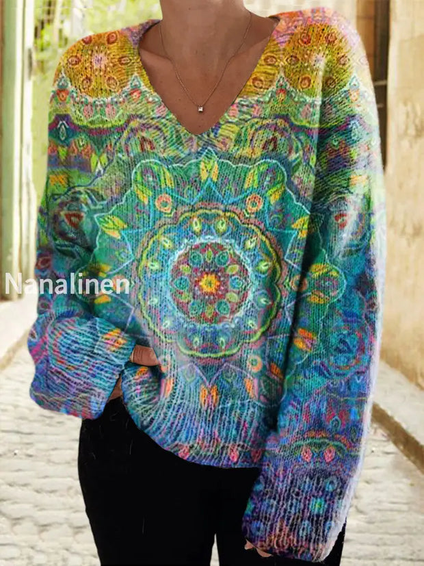 Women’s Retro Elegant Art Floral Print Chic V-Neck Long Sleeve Sweater A / S