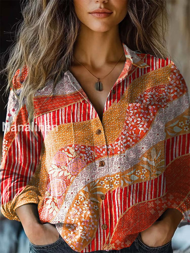 Women’s Retro Ethnic Flowers Pattern Printed Casual Long Sleeve Shirt Orange / S