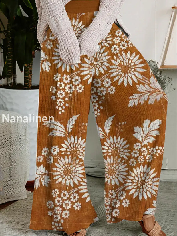 Women’s Retro Floral Art Print Casual Comfortable Wide-Leg Pants A / S