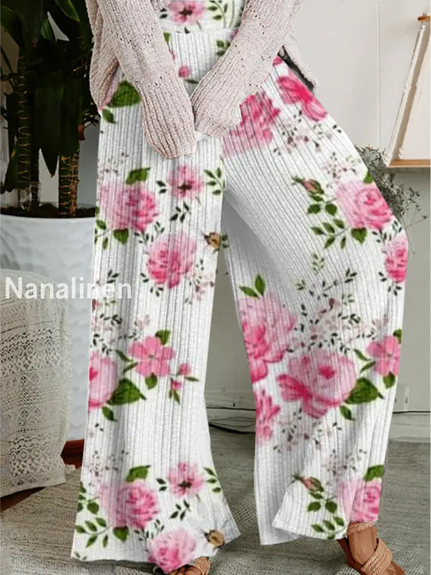 Women’s Retro Floral Art Print Casual Comfortable Wide-Leg Pants A / S