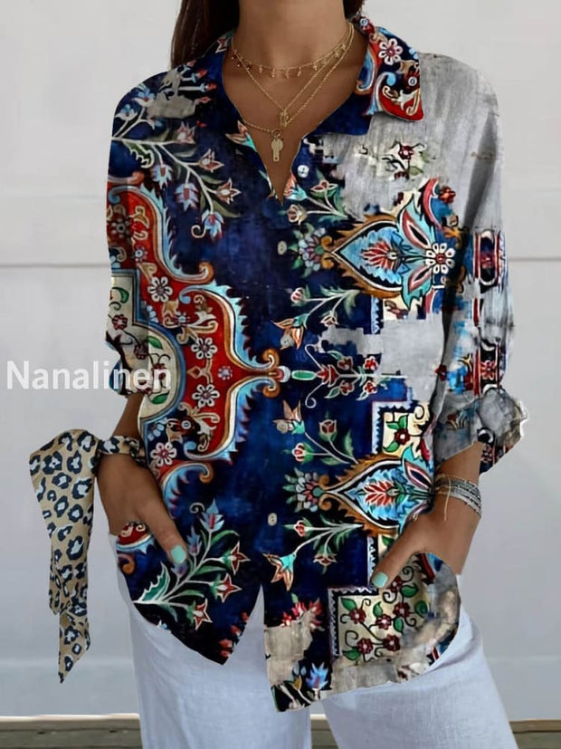 Women’s Retro Floral Print Casual Cotton And Linen Shirt Top A / S