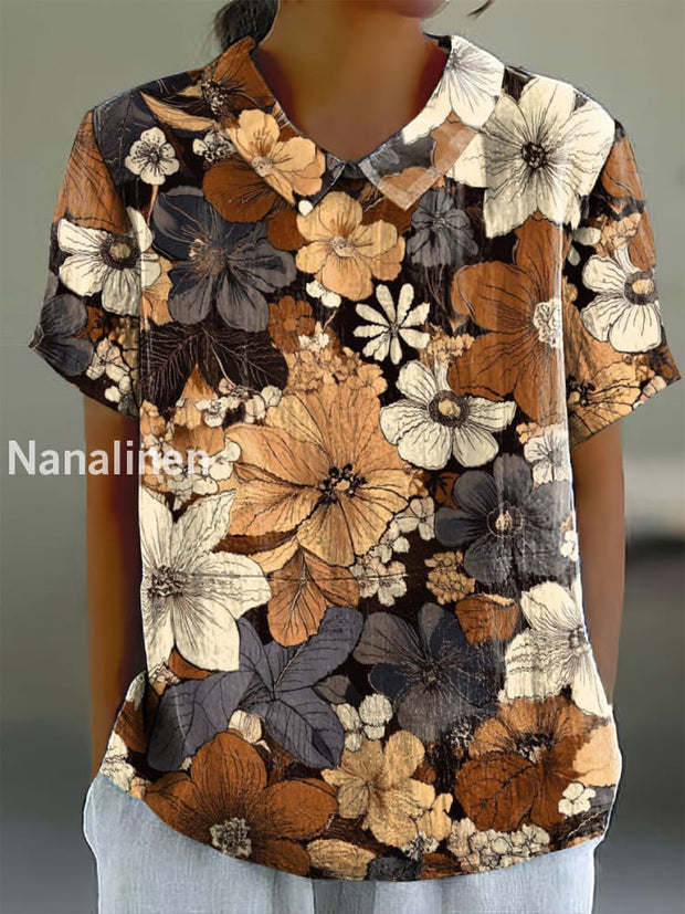 Women’s Retro Floral Print Doll Collar Cotton Casual Shirt Colorful / S