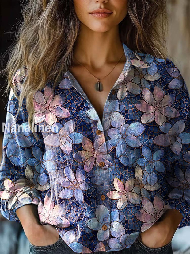 Women’s Retro Flowers Pattern Printed Casual Long Sleeve Shirt Blue / S