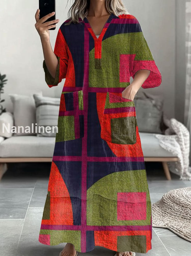 Women’s Retro Geometric Pattern Print Casual V-Neck Midi Sleeve Midi Dress Colorful / S