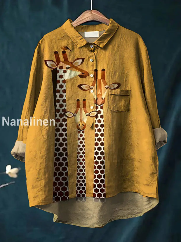 Women’s Retro Giraffe Art Print Casual Cotton Linen Round Neck Button Pocket Mid-Length Sleeve