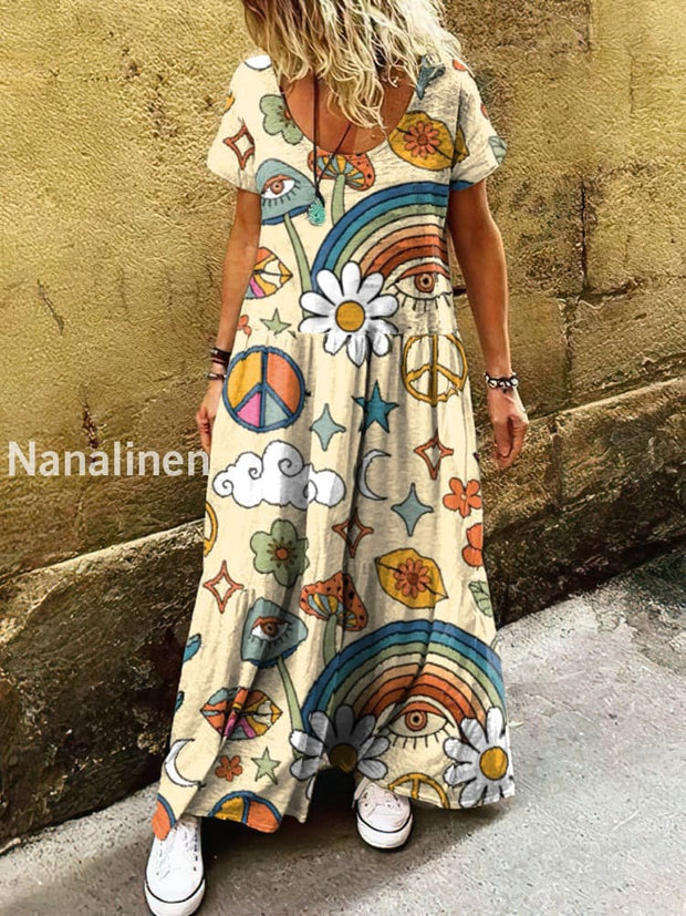 Women’s Retro Hippie Pattern Print Art Short Sleeve Casual Dress Colorful / S