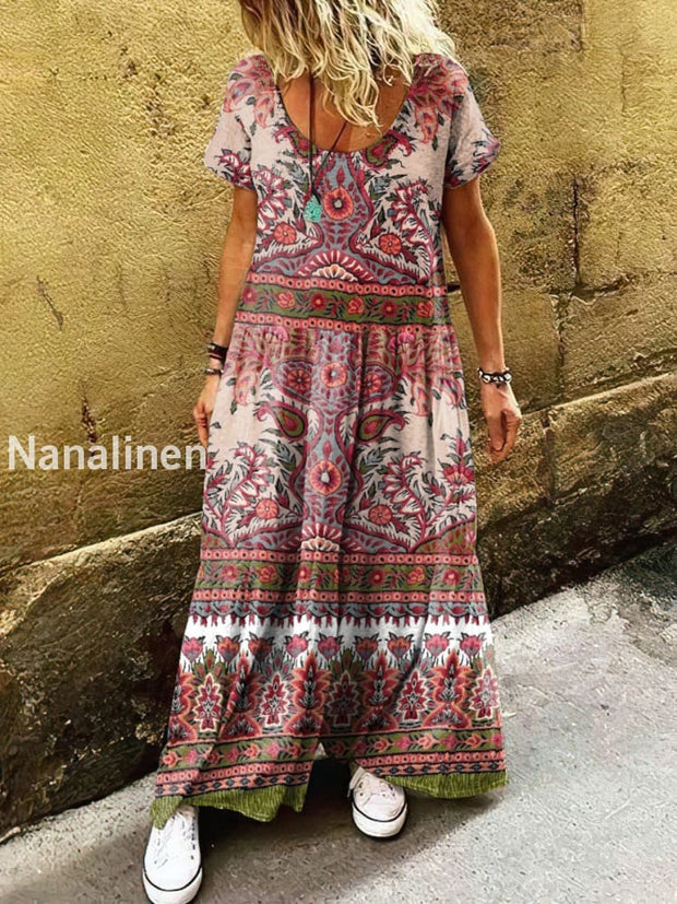 Women’s Retro Hippie Pattern Print Art Short Sleeve Casual Dress Red / S