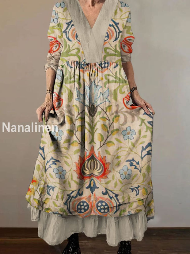 Women`s Retro Hippie Pattern Print Cotton and Linen V-neck Midi Dress Colorful / S