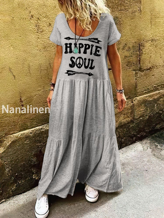 Women’s Retro Hippie Soul Print Art Short Sleeve Casual Dress Colorful / S