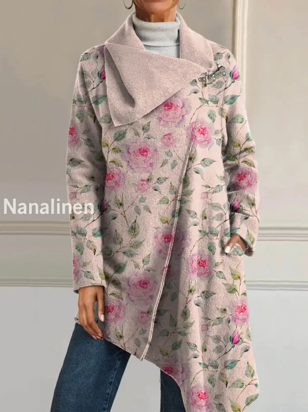 Women’s Retro Style Art Floral Print Casual V-Neck Long Sleeve Comfortable Cotton Asymmetric Coat