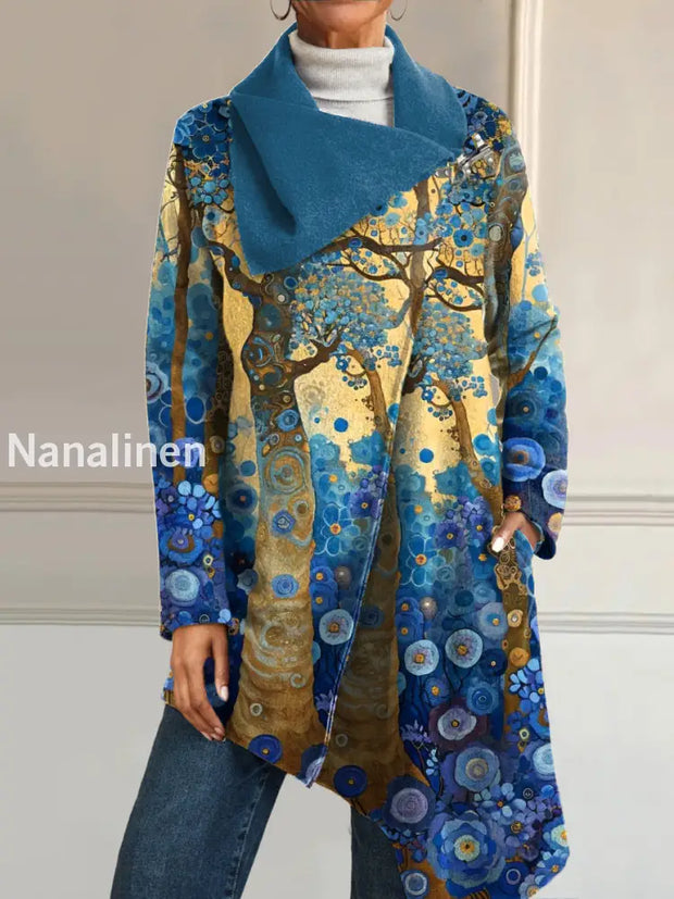 Women’s Retro Style Art Floral Print Casual V-Neck Long Sleeve Comfortable Cotton Asymmetric Coat