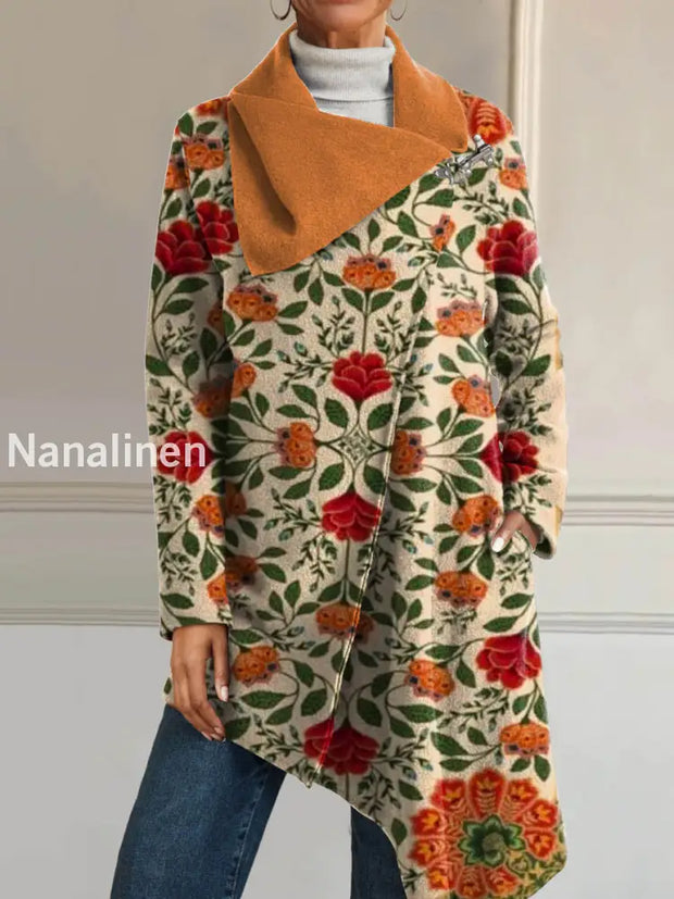 Women’s Retro Style Art Floral Print Casual V-Neck Long Sleeve Comfortable Cotton Asymmetric