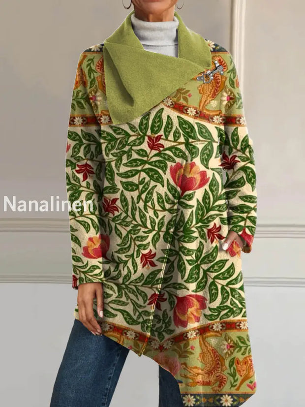 Women’s Retro Style Art Floral Print Casual V-Neck Long Sleeve Comfortable Cotton Asymmetric