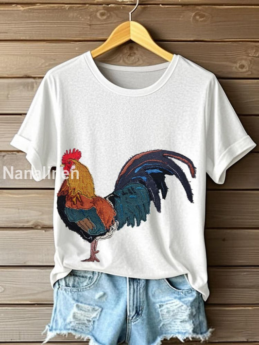 Women’s Rooster Pattern Patchwork Art T-Shirt White / S