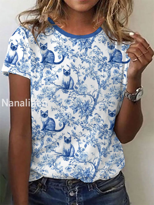 Women’s Siamese Cat Print Casual T-Shirt Blue / S