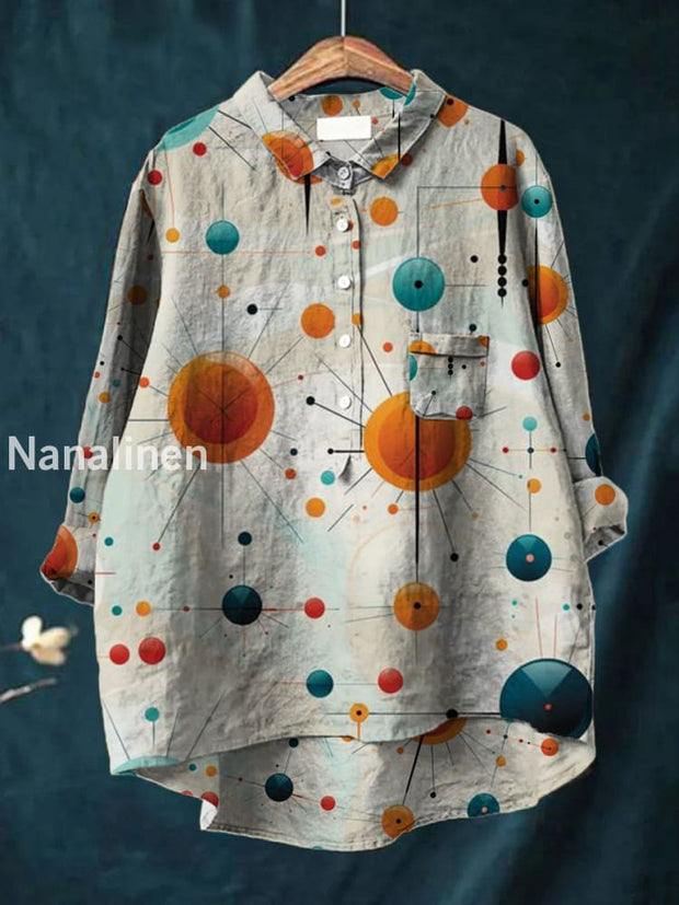 Women’s Simple Art Print V-Neck Button Down Long Sleeve Pocket Shirt A / S