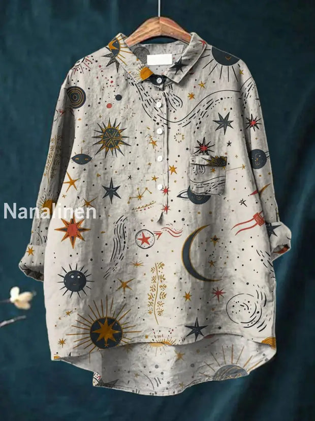 Women’s Simple Line Art Starry Print V-Neck Long Sleeve Button Pocket Shirt Top A / S