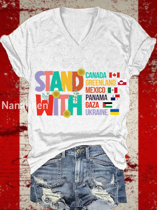 Women’s Stand With Canada Print V-Neck Short Sleeve T-Shirt White / S