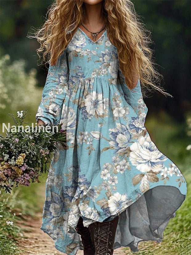 Women’s Stylish Elegant Art Floral Print V-Neck Long Sleeve Long Dress A / S