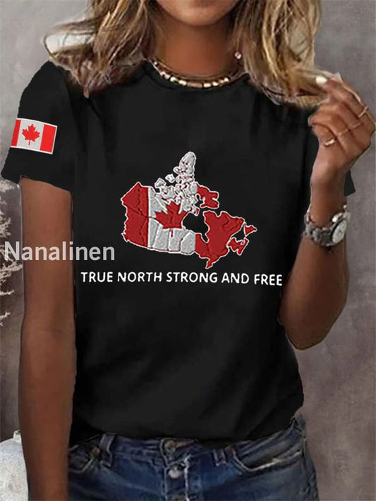 Women’s True North Strong And Free Canadian Flag Print Casual Tee Black / S