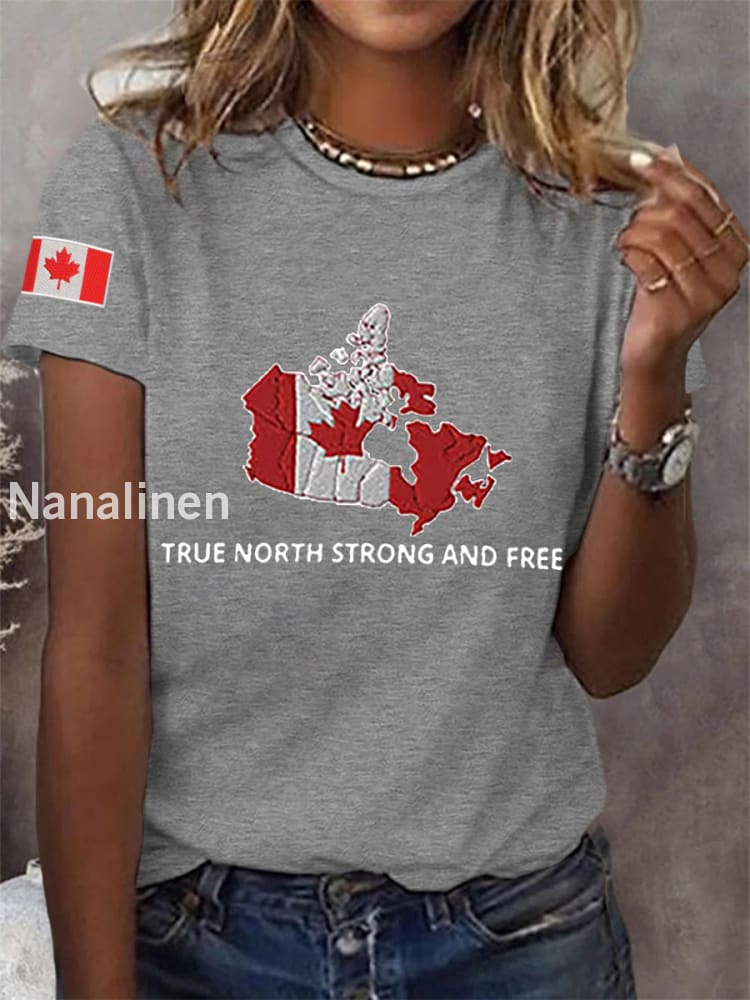 Women’s True North Strong And Free Canadian Flag Print Casual Tee Light Gray / S